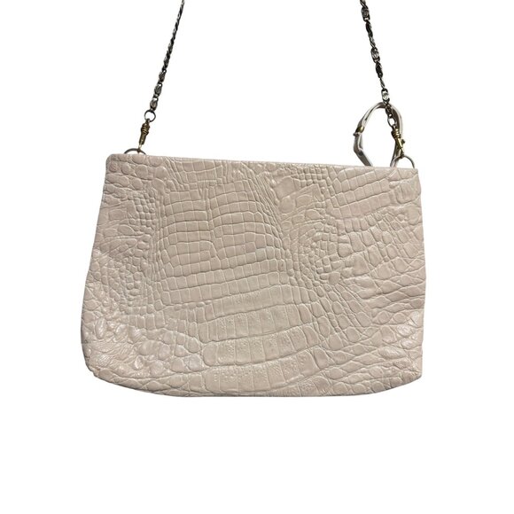 Women's Shoulder Bag Beige Crocodile Embossed Genuine Leather Chain Strap Italy - Picture 3 of 8